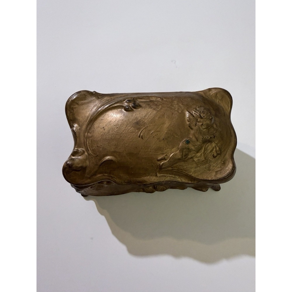 Metal Art Nouveau Angel Cherub Jewelry Casket Trinket box Gold Tone 5"x2.5"